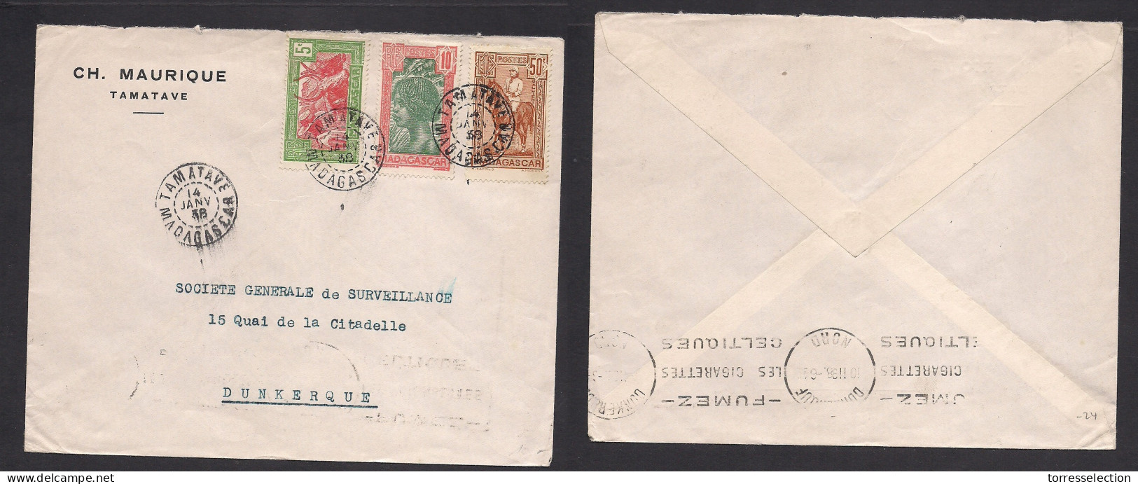 FRC - Madagascar. 1938 (14 Jan) Tamatave - Dunkerke, France (10 Feb) Multifkd Env. VF. XSALE. - Autres & Non Classés