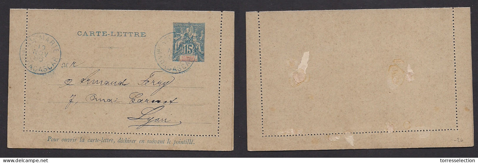 FRC - Madagascar. 1896 (10 Nov) St. Marie - Lyon. 15c Blue Sage Gol Tape Stationary Lettersheet. Fine. XSALE. - Other & Unclassified