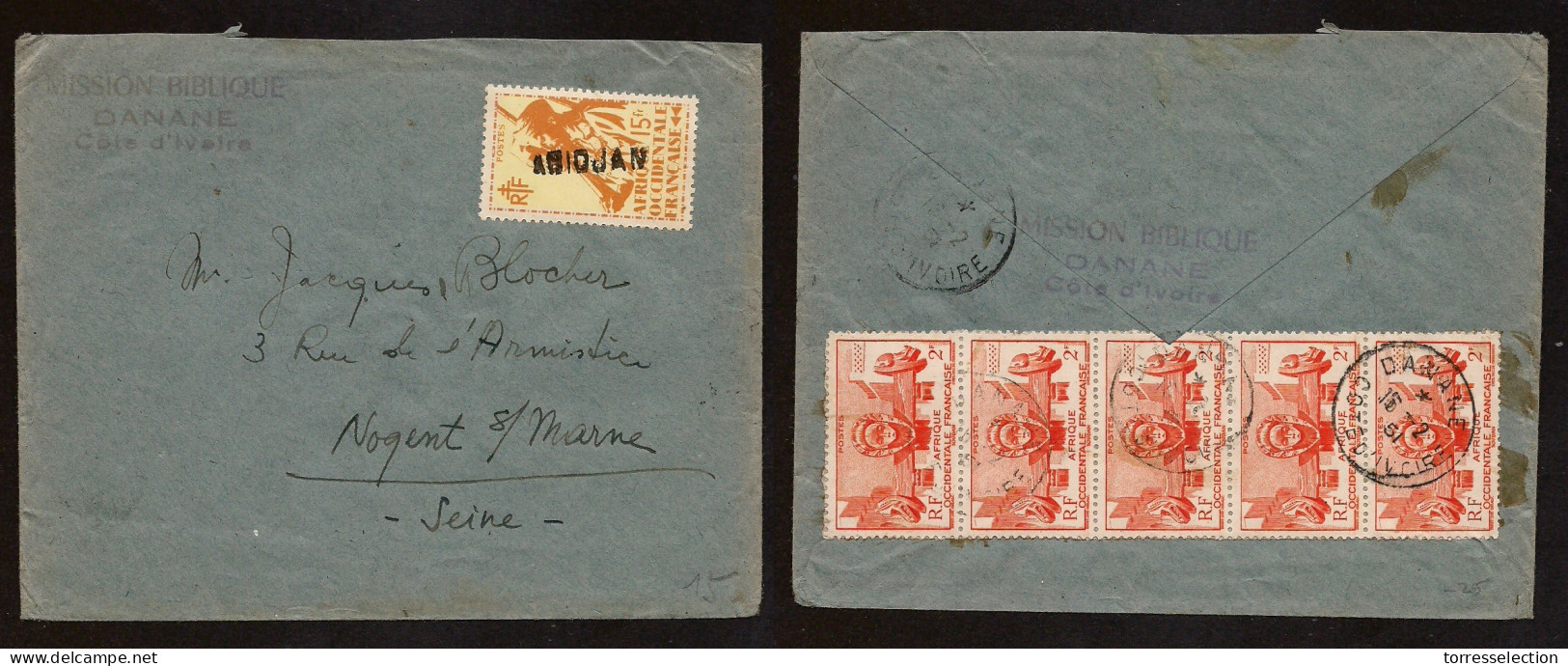 FRC - Ivory Coast. 1951 (15 Feb) Danane - France, Nogent. S. Marine. Front And Reverse Multifkd Env Mixed Issues, Includ - Andere & Zonder Classificatie