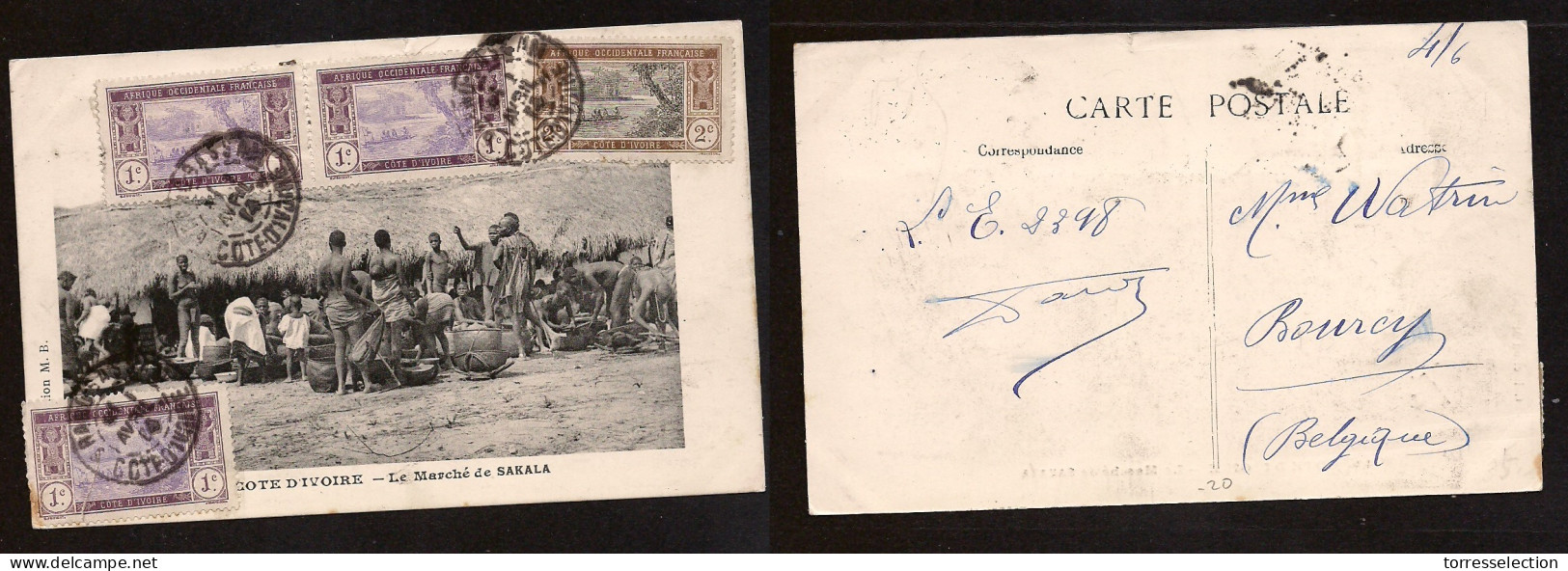 FRC - Ivory Coast. 1914 (1 Apr) Grand Bassam - Belgium, Bourcy. Marche Sakala. Multifkd Ppc. XSALE. - Andere & Zonder Classificatie