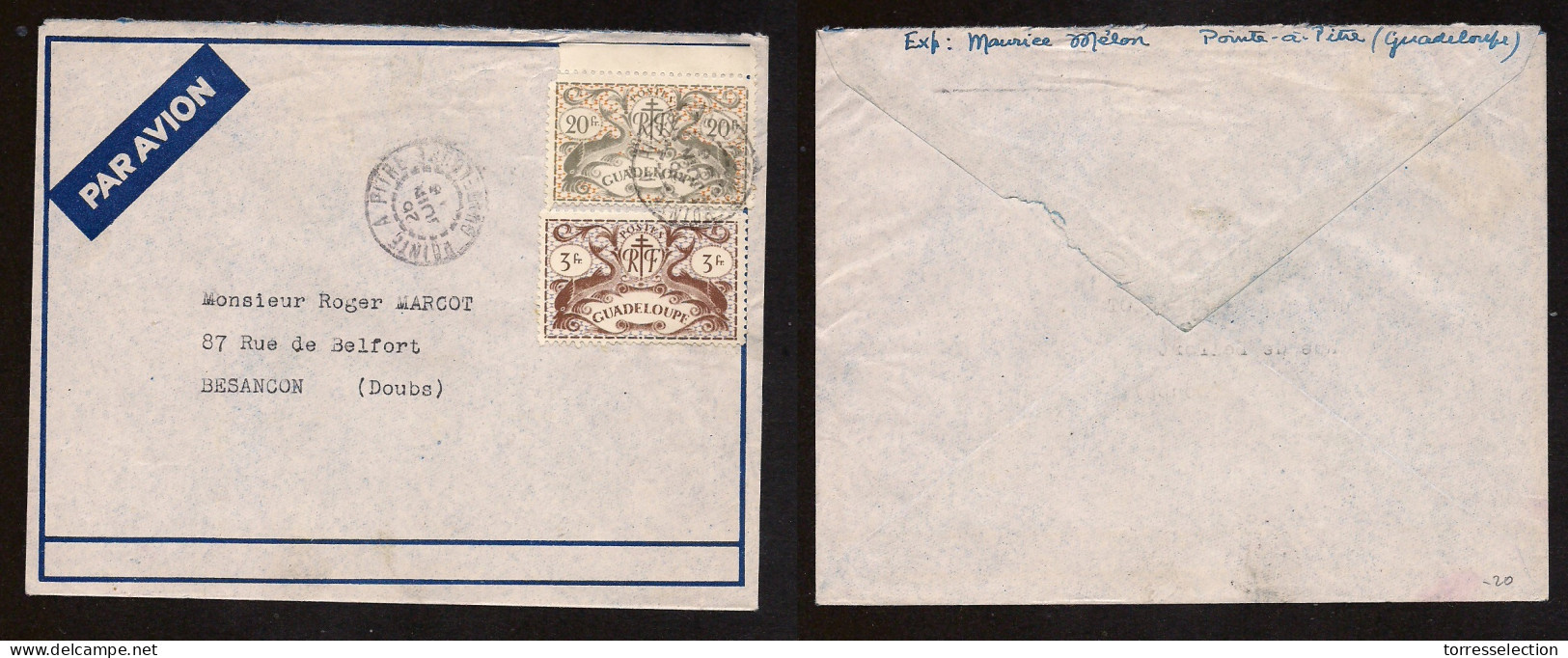 FRC - Guadalupe. 1946 (26 June) Pointe A Pitre - Besançon, Doubs, France. Air Multifkd Env. Libre Issue VF 23fr Rate. XS - Andere & Zonder Classificatie