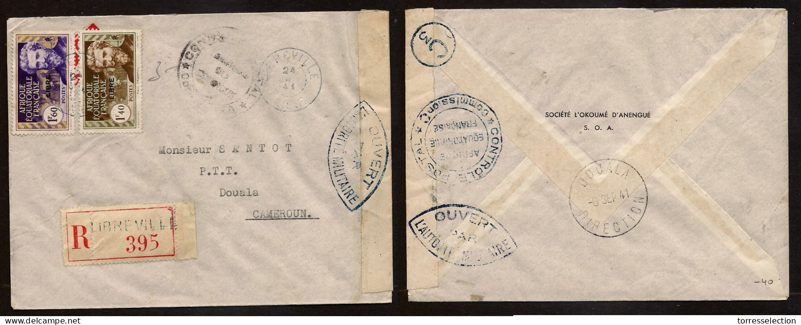 FRC - Gabon. 1941 (24 June) Libreville - Camerun, Doula (6 Sept) Registered Libre Ovptd Multifkd Dual Censored Envelope. - Andere & Zonder Classificatie