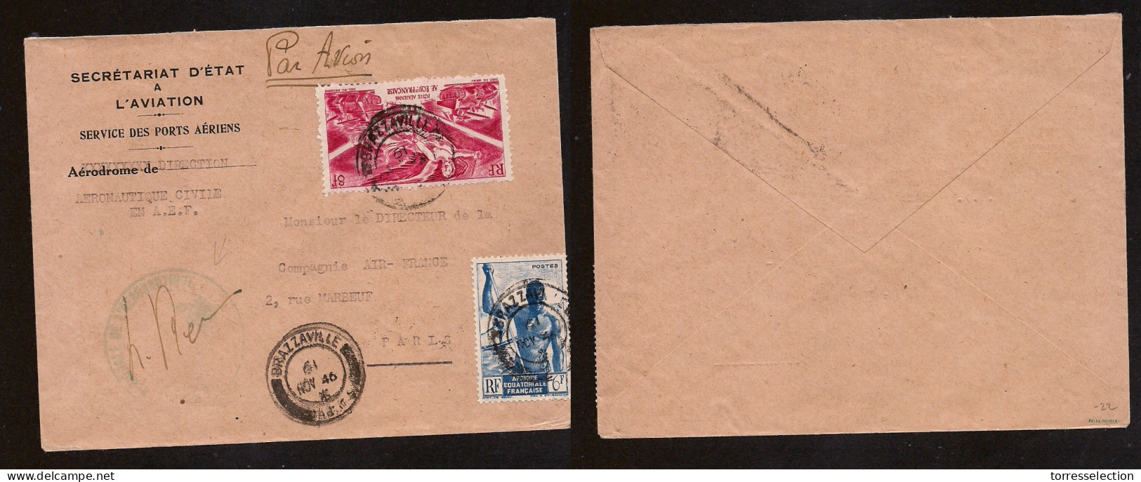 FRC - Congo. 1946 (19 Nov) AEF, Brazzaville - France, Paris. Air Photo Official Multifkd Envelope, Mixed Issues. Fine +  - Andere & Zonder Classificatie