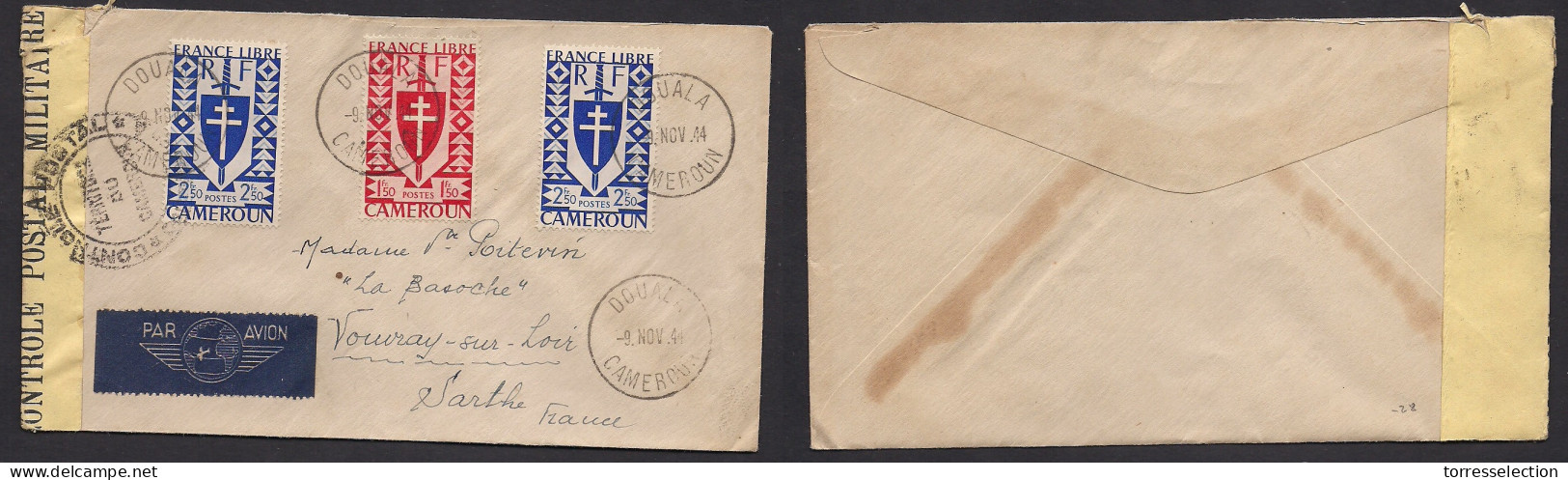 FRC - Cameroun. 1944 (9 Nov) Douala - France, Sarthe. Air Multifkd. France Libre Censored Envelope. VF. XSALE. - Andere & Zonder Classificatie