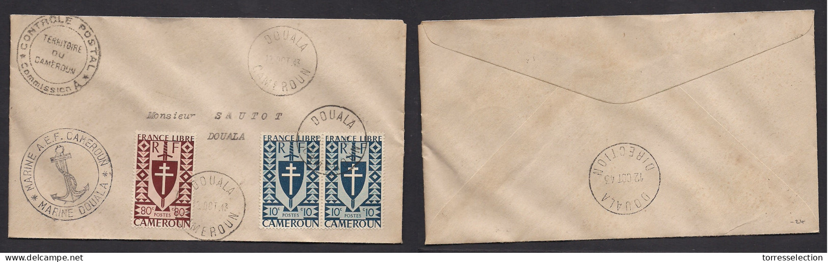 FRC - Cameroun. 1943 (12 Oct) Doula Loca Usage. Maritime Naval Cachet + Censored. Multifkd Env. VF. France Libre Issue.  - Sonstige & Ohne Zuordnung