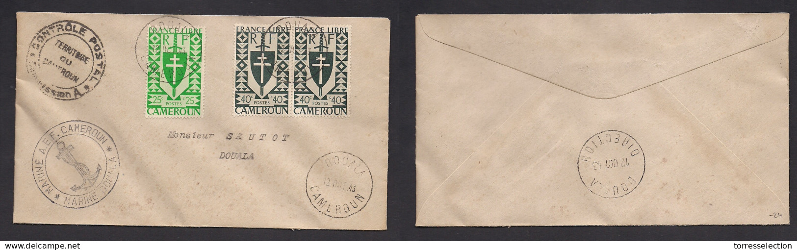 FRC - Cameroun. 1943 (12 Oct) France Libre Issue. Doula Local Multifkd Env + Censored + Marine Naval Cachet On Front Tie - Autres & Non Classés