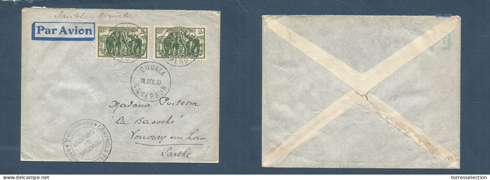 FRC - Cameroun. 1933 (19 Dec) Douala - France, Sarthe. Air Multifkd Env. Elephant Issue. Censored WWII Cachet + Cds, At  - Other & Unclassified
