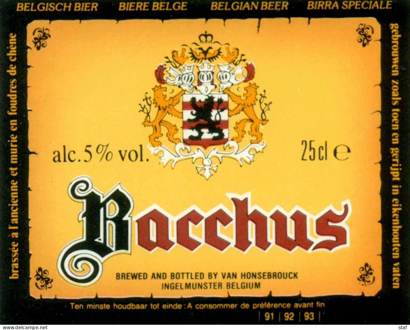 Oud Etiket Bier Bacchus - Brouwerij / Brasserie Van Honsebrouck Te Ingelmunster - Cerveza