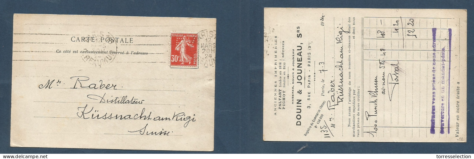 FRANCE - XX. 1924 (12 March) Paris - Switzerland, Kursnacht Private Business Printed Card, Semeuse Fkd "PV" Perfin. Fine - Autres & Non Classés