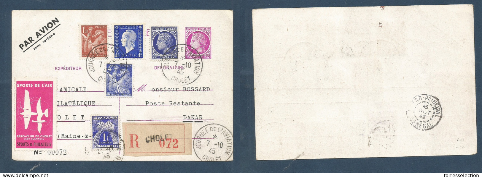 France - Stationary. 1945 (7 Oct) Cholet - Dakar, Senegal. Aviation Day, Air Comm Returned Multifkd. Stat Card + 4 Adtls - Autres & Non Classés