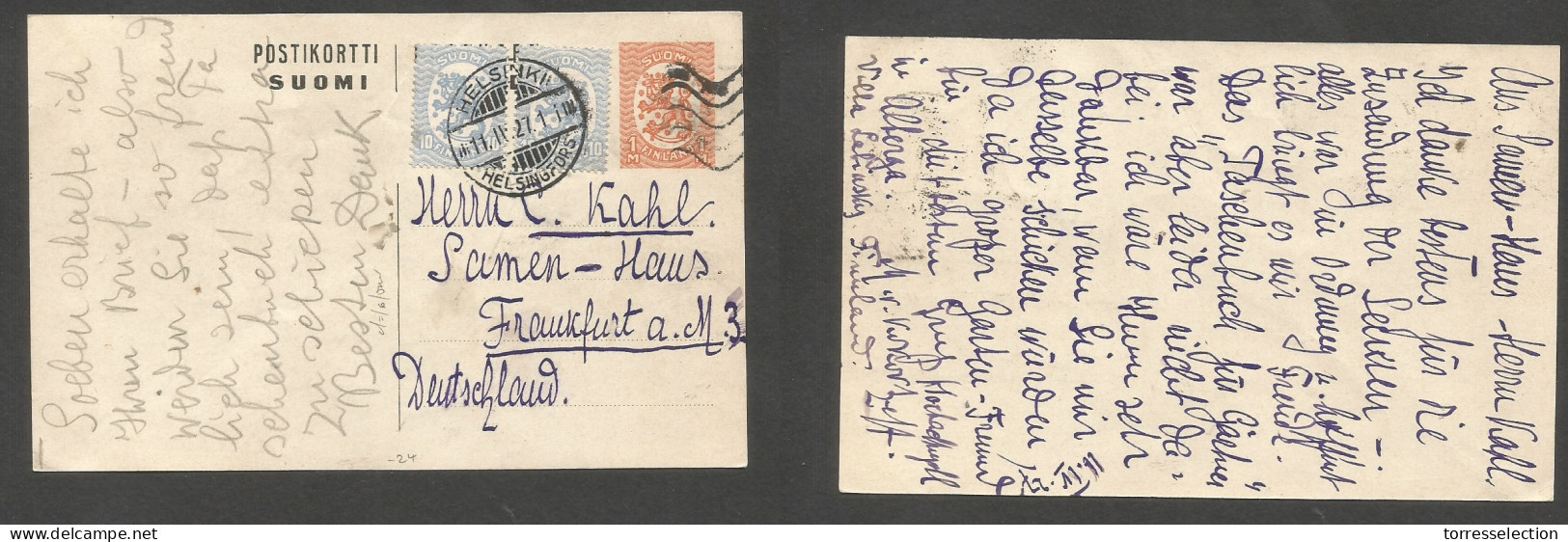 FINLAND. 1927 (11 Apr) Helsinki - Germany, Frankfurt. 1m Orange Stat Card + 2 Adtls, Tied Cds. VF. XSALE. - Andere & Zonder Classificatie