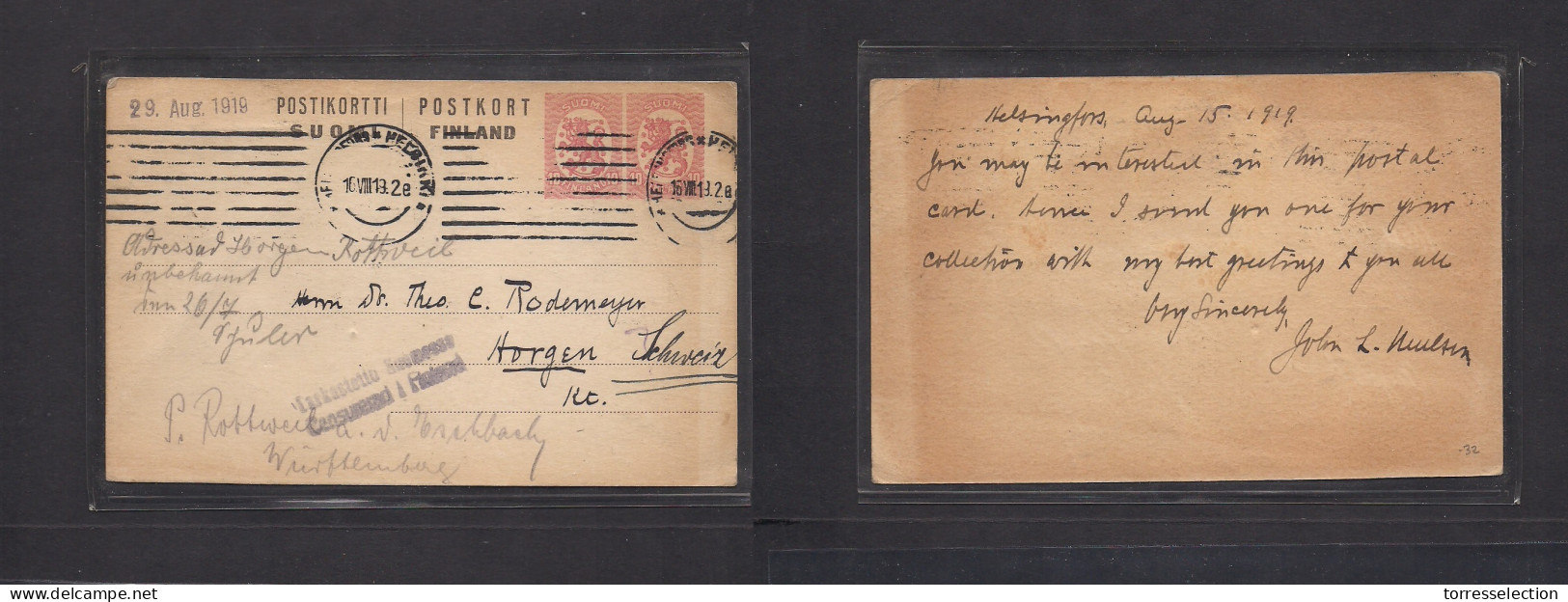 FINLAND. 1919 (16 Aug) Helsinki - Switzerland, Horgen (29 Aug) Doble Post 10f Stat Card + WWI Censor Cachet. XSALE. - Autres & Non Classés