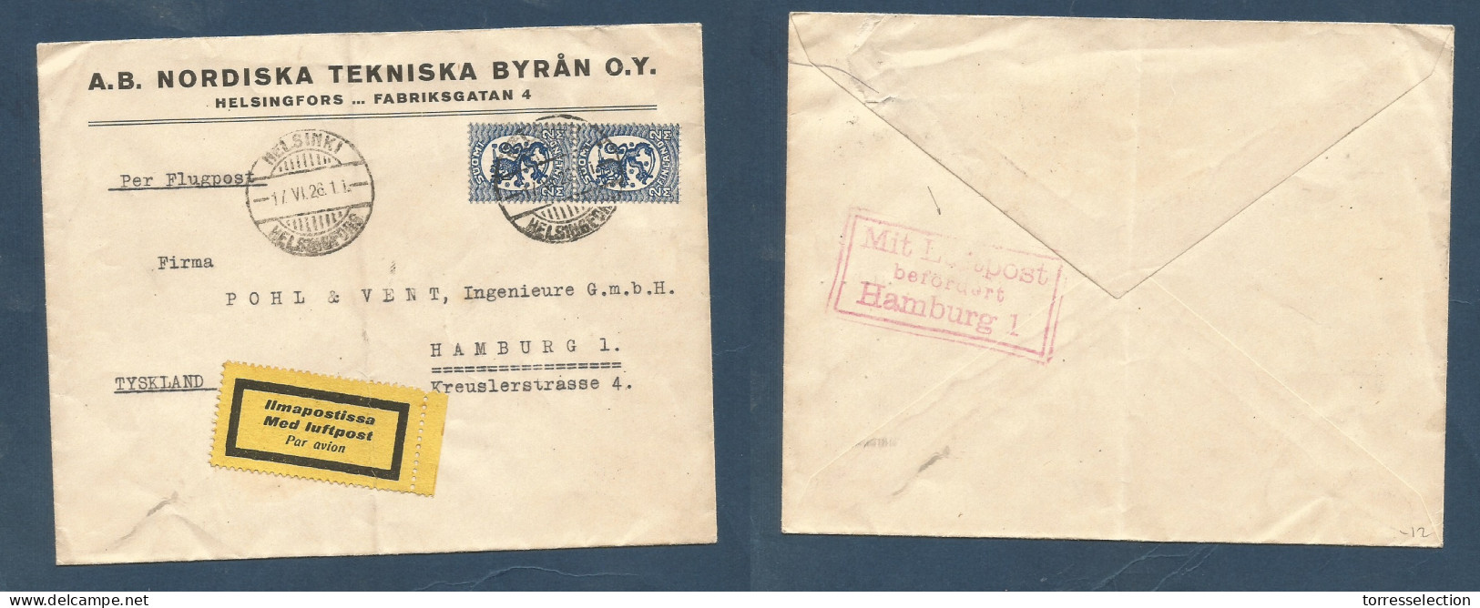FINLAND. 1926 (17 June) Helsinki - Germany, Hamburg. Air Multifkd Env, Special Yellow Label. Reverse German Air Hamburg  - Altri & Non Classificati