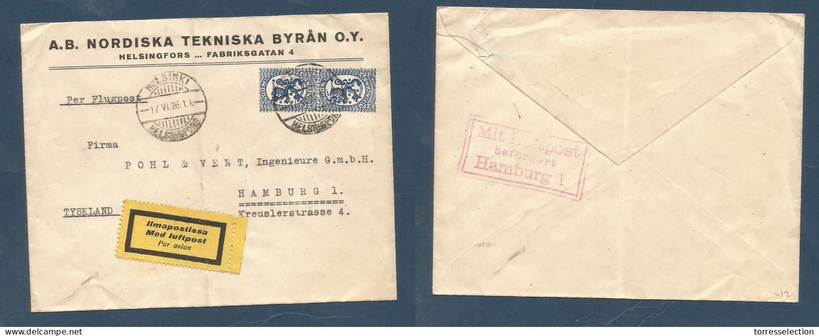 FINLAND. 1926 (17 June) Helsinki - Germany, Hamburg. Air Multifkd Env, Special Yellow Label. Reverse German Air Hamburg  - Other & Unclassified