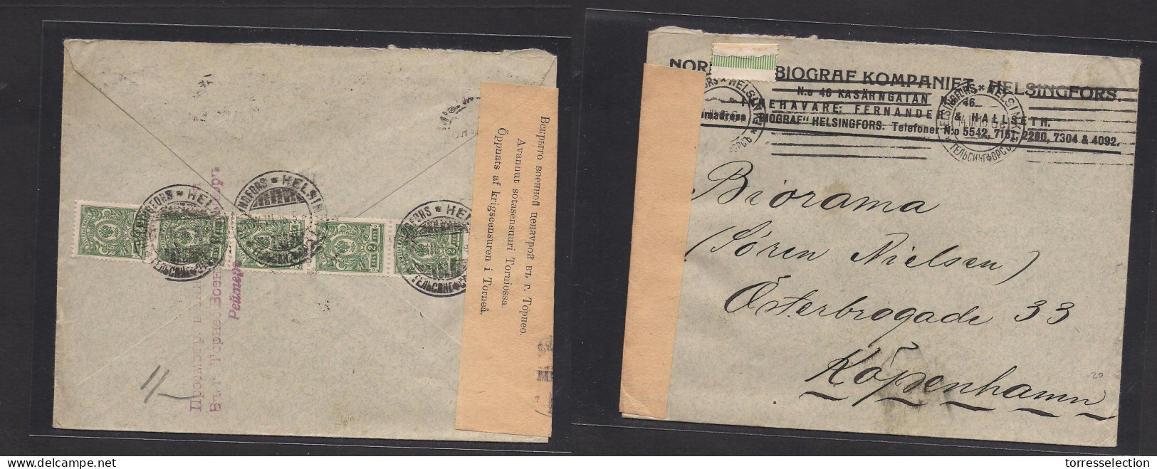 FINLAND. 1916 (14 March) Helsinki - Denmark, Cph. Reverse Multifkd Russian Postal Period Adm, WWI Censored Label. VF. XS - Sonstige & Ohne Zuordnung