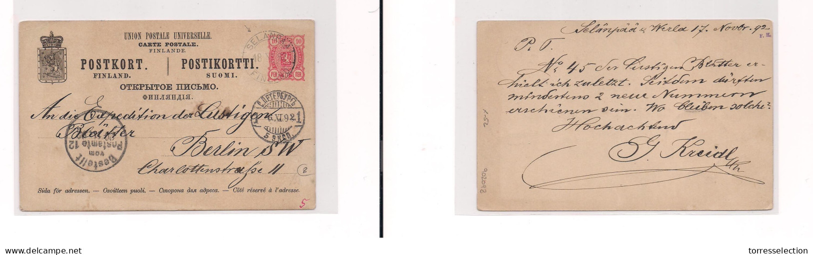 FINLAND. 1892 - Selanpaa To Berlin - Stat Card. Easy Deal. XSALE. - Sonstige & Ohne Zuordnung