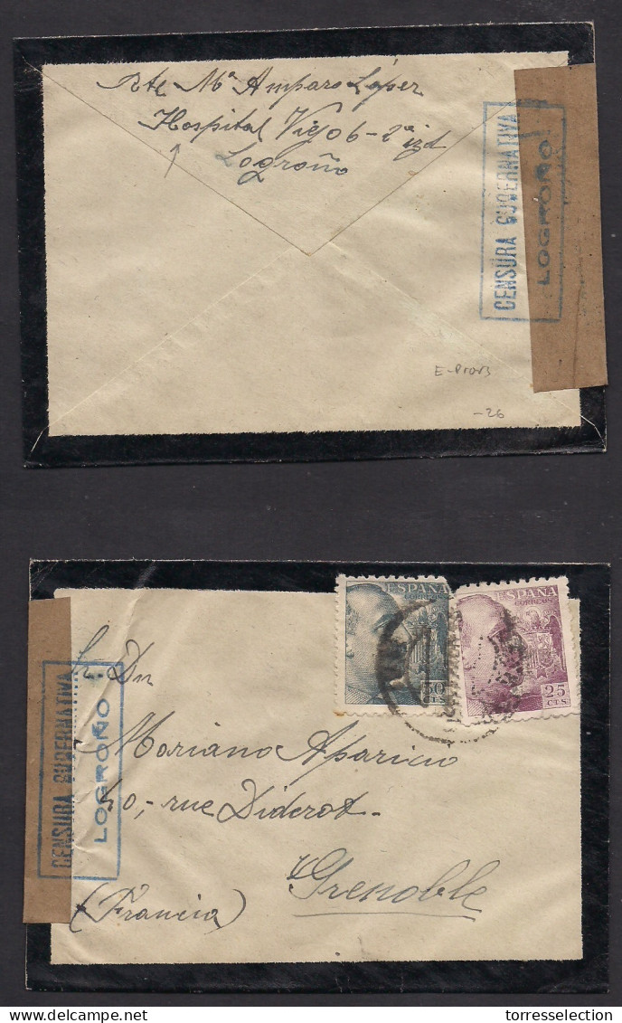 E-PROVINCIAS. C. 1941. Logroño - Francia, Grenoble. Sobre Franqueo Multiple Censura Salida. XSALE. - Other & Unclassified