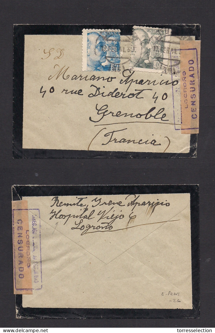 E-PROVINCIAS. 1941 (10 Febr) Logroño - Francia, Grenoble Sobre Mat Multifkd Censura Salida. XSALE. - Andere & Zonder Classificatie