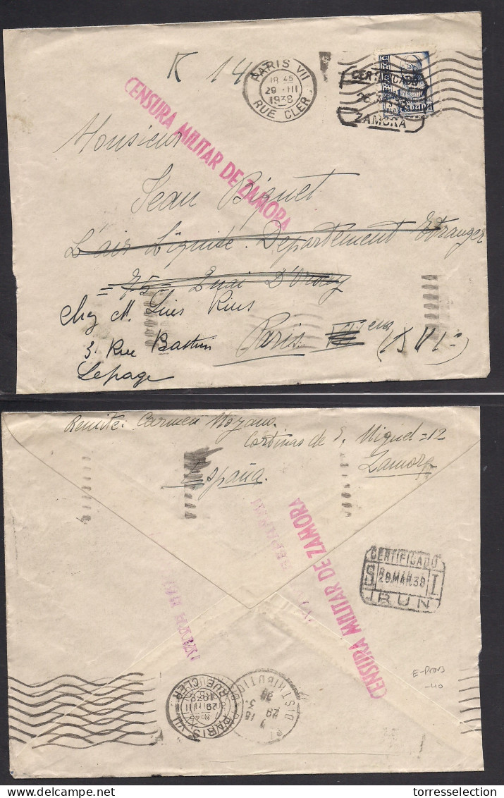 E-PROVINCIAS. 1938 (26 Marzo) Zamora - Francia, Paris (29 Marzo) Sobre Certificado Y Censura. Salida En Roja, Neox Pedid - Autres & Non Classés