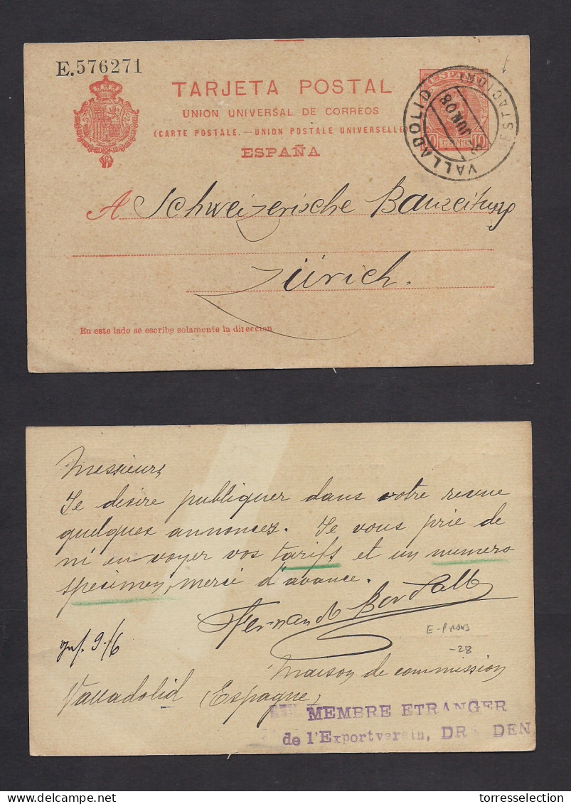 E-PROVINCIAS. 1908 (3 Junio) Valladolid Estacion - Suiza, Zurich. EP 10c Naranja. Bonito Matasellos. XSALE. - Other & Unclassified
