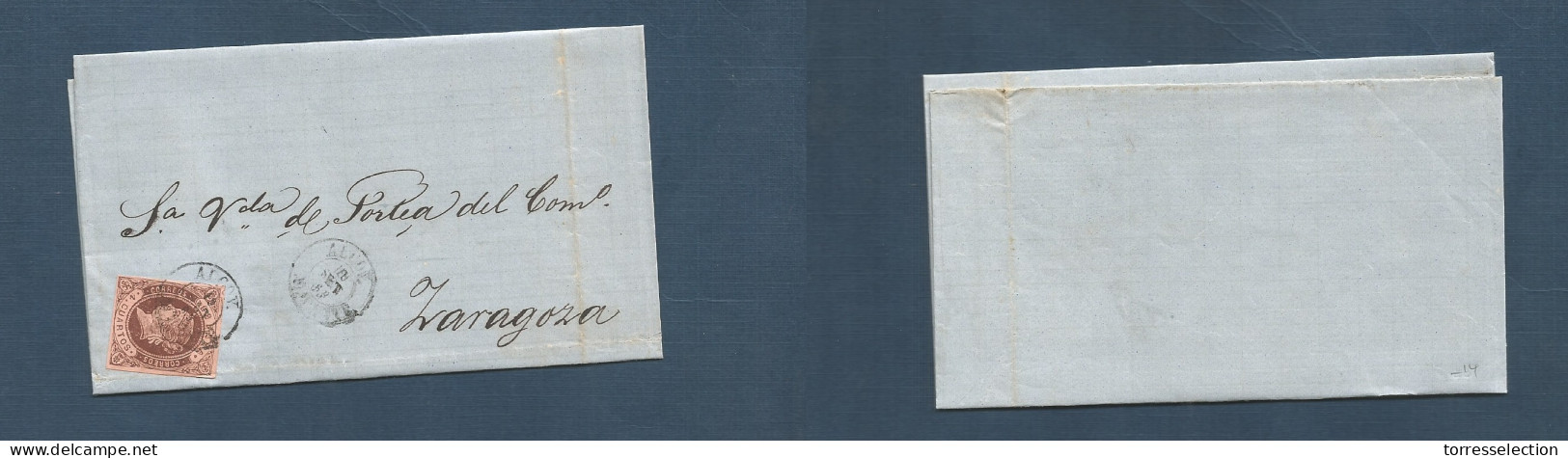 E-PROVINCIAS. 1863 (19 Sept) 58º Alicante, Alcoy - Zaragoza (21 Sept) Envuelta Carta 4 Cts Marron, Mat Fechador Tipo I.  - Sonstige & Ohne Zuordnung