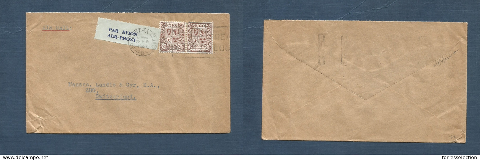 EIRE. 1947 (28 Nov) Bale Atha Claith - Switzerland, Zug. Air Multlifkd Env Tied Air Label + 5d Rate. XSALE. - Used Stamps