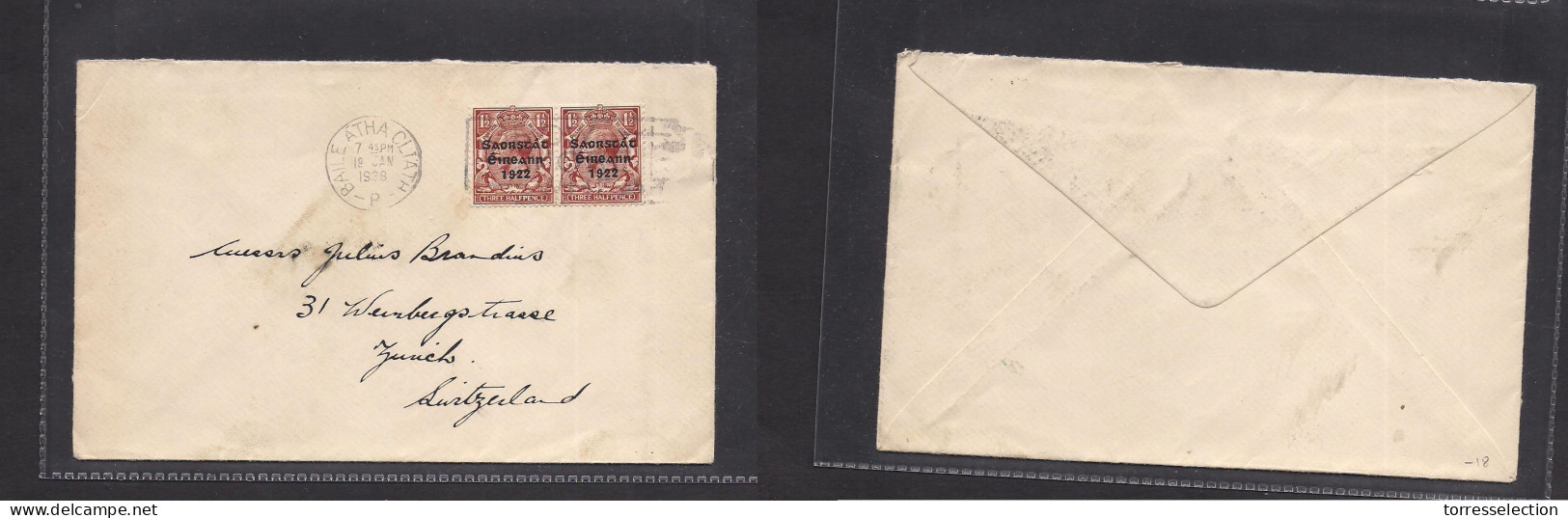 EIRE. 1938 (19 Jan) Baile Atha Clata - Switzerland, Zurich. Multifkd Ovptd Issue Env. XSALE. - Used Stamps