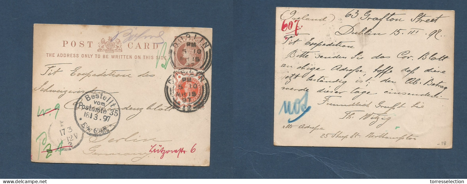 EIRE. 1897 (15 March) Dublin - Germany, Berlin (18 March) QV 1/2d Brown Stat Card + Adtl, Tied Cds. Fine. XSALE. - Oblitérés