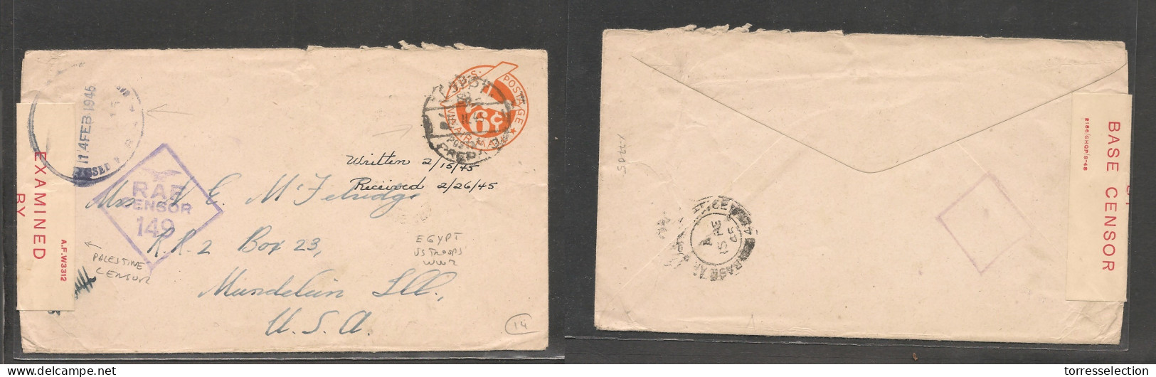 EGYPT. Egypt Cover - 1945 US Forces Stat Env Env To Mundelin, ILL, Palestine Censor Label XSALE. - Other & Unclassified
