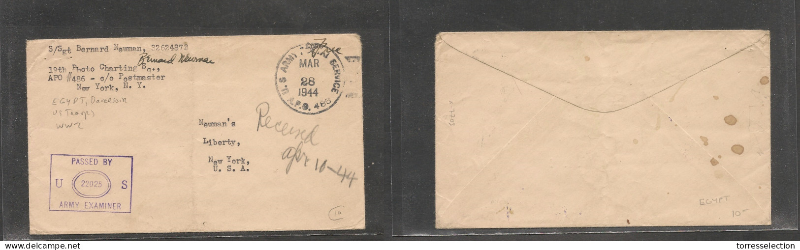 EGYPT. Egypt Cover - 1944 US Forces APO 486 Env To NYC FM, Fine XSALE. - Andere & Zonder Classificatie