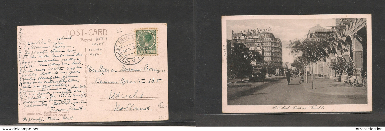 EGYPT. Egypt Cover - 1929 Dutch Postal Agent In Port Said, Fkd Ppc Postal Agent To Utrecht Netherlands, Very Scarce XSAL - Andere & Zonder Classificatie