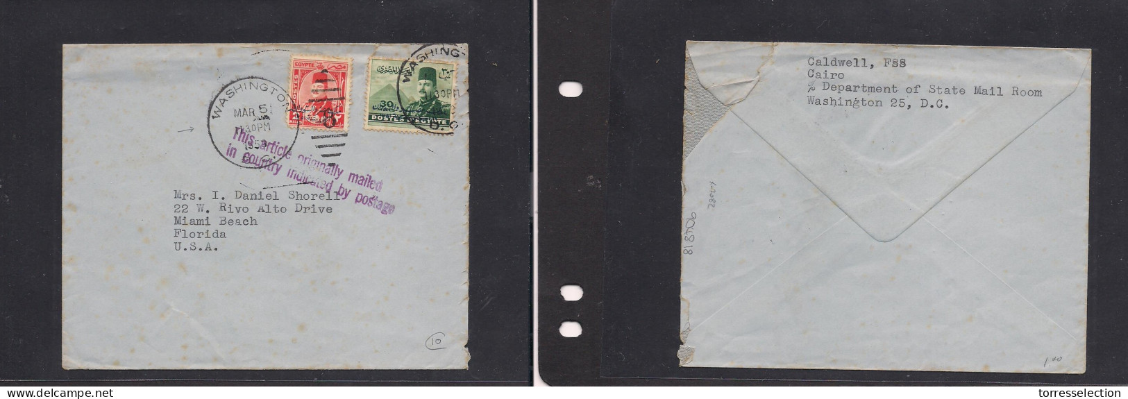 EGYPT. Egypt - Cover - 1953 Mult Fkd Env To USA Diplomatic Washington Censored. Easy Deal. XSALE. - Altri & Non Classificati