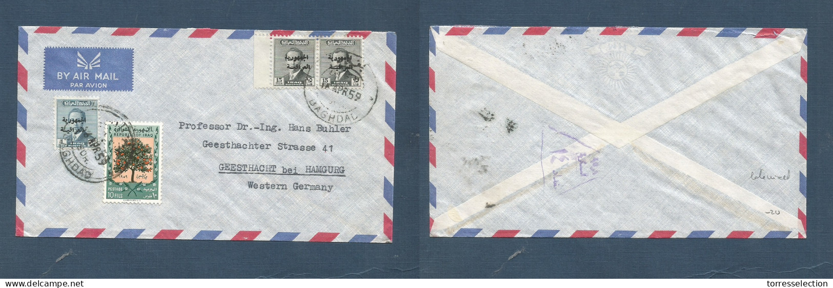 IRAQ. 1959 (16 Apr) Baghdad - Germany, Hamburg. Air Multifkd Ovptd Issue + Mixed. Reverse Short Term Censor Triangular C - Iraq