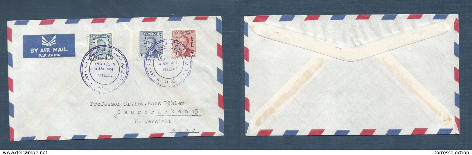 IRAQ. 1955 (6 Apr) Kerrad A - Sarre, Saarbrucken. Air Multifkd Ovptd Issue Envelope + Special Cachet. VF. XSALE. - Iraq