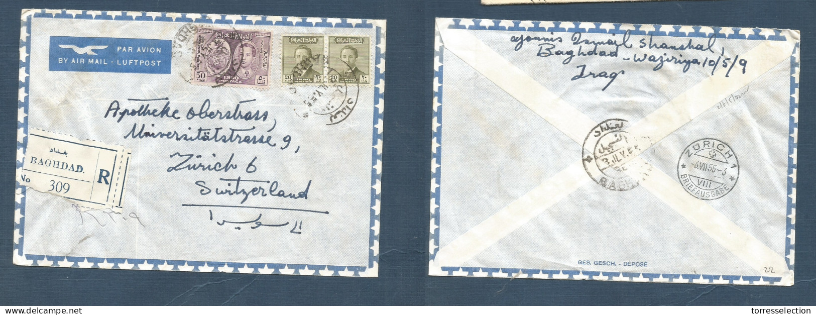 IRAQ. 1955 (3 July) Baghdad - Switzerland, Zurich (6 July) Air Registered Multifkd Envelope At 90 Fils Rate. Fine. XSALE - Irak