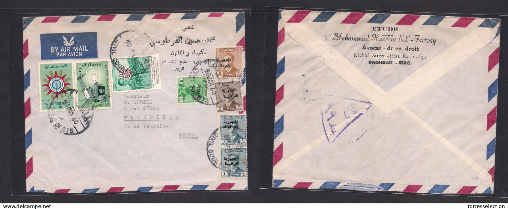 IRAQ. 1960 (30 Jan) Bagdad, Civil Consents - Switzerland, Fleurier. Air Multifkd Env. Mixed Ovptd Issue + Comm. Fine. XS - Iraq