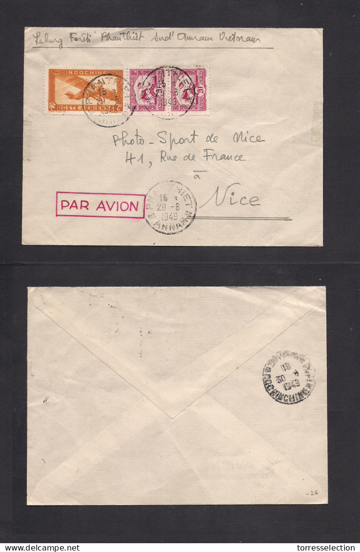 INDOCHINA. 1949 (29 Aug) Phanthiet - France, Nice. Air Multifkd Env. XSALE. - Asia (Other)
