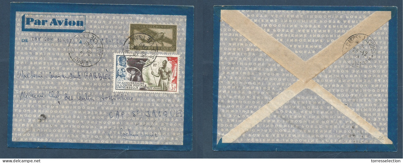 INDOCHINA. 1949 (28 Dec) Saigon - Cap St. Jacques. Air Fkd 66c Stationary Envelope + 3p Tied Cds. UPU Issues. Fine Usage - Asia (Other)