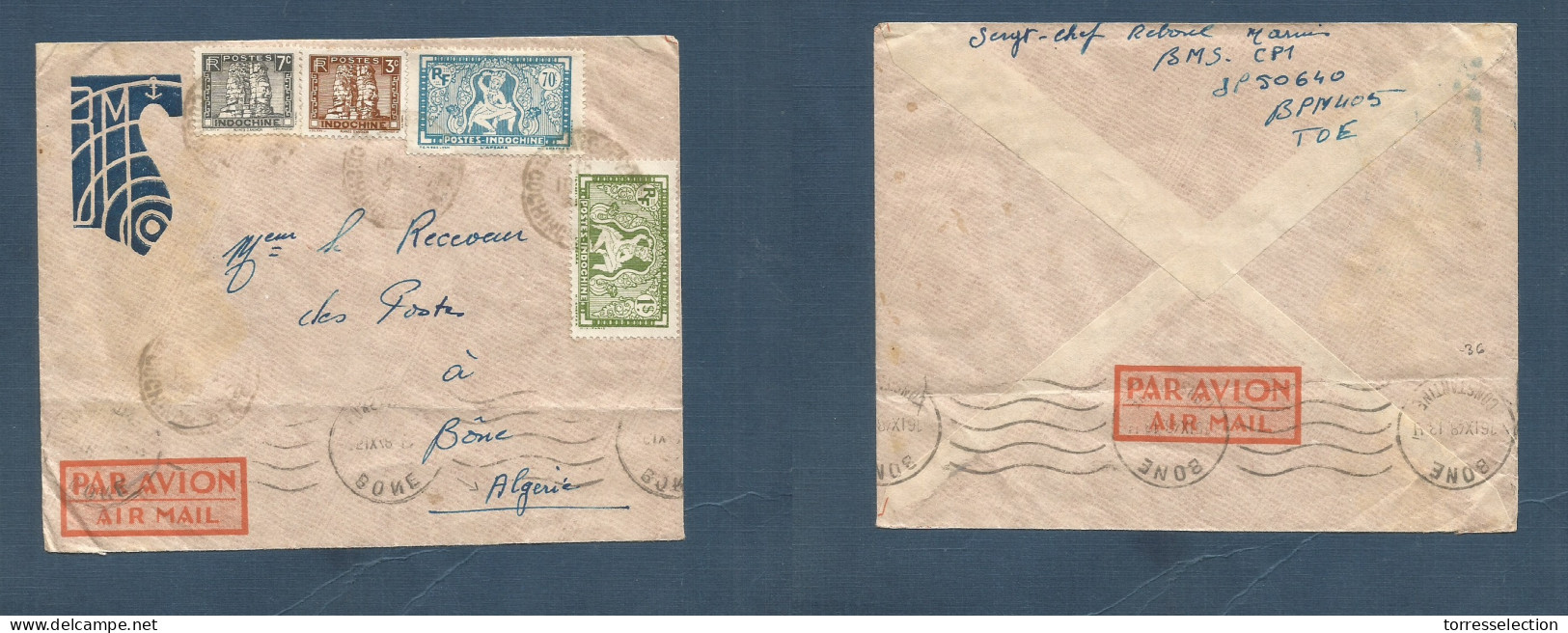 INDOCHINA. 1948 (7 Oct) Military Mail. BMS CP1 BPM405 TOE. French Troops Air Fkd Env To Bone, Algeria (21 Oct) 1,80 F Ra - Autres - Asie