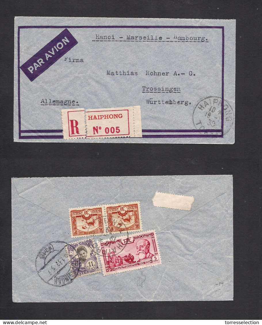 INDOCHINA. 1939 (10 Jan) Haipbong - Germany, Trossingen, Wurttemberg (30 Jan) Air Registered Reverse Multifkd Env. XSALE - Autres - Asie