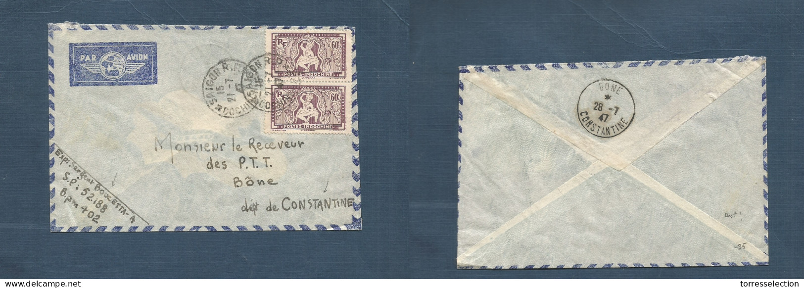 INDOCHINA. 1947 (21 July) Saigon - Algeria, Bone. Air Multifkd Military Mail Envelope (28 July) Better Destination. XSAL - Autres - Asie