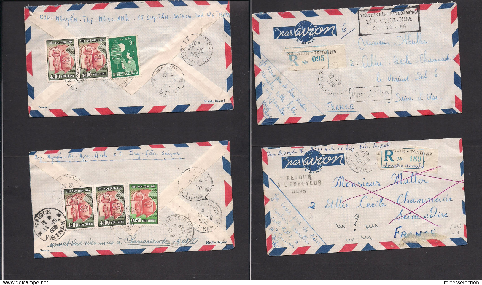 INDOCHINA. 1956. Vietnam. Saignon - France. 2 Airmails Reverse Multifkd Envelope. Fine Pair. XSALE. - Andere-Azië