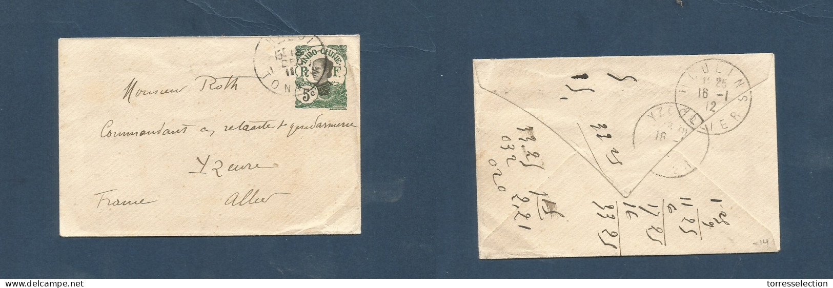 INDOCHINA. 1911 (18 Dec) Hanoi - France, Allier (16 Jan 12) Unsealed 5c Stat Env, Tied Cds. VF. XSALE. - Asia (Other)