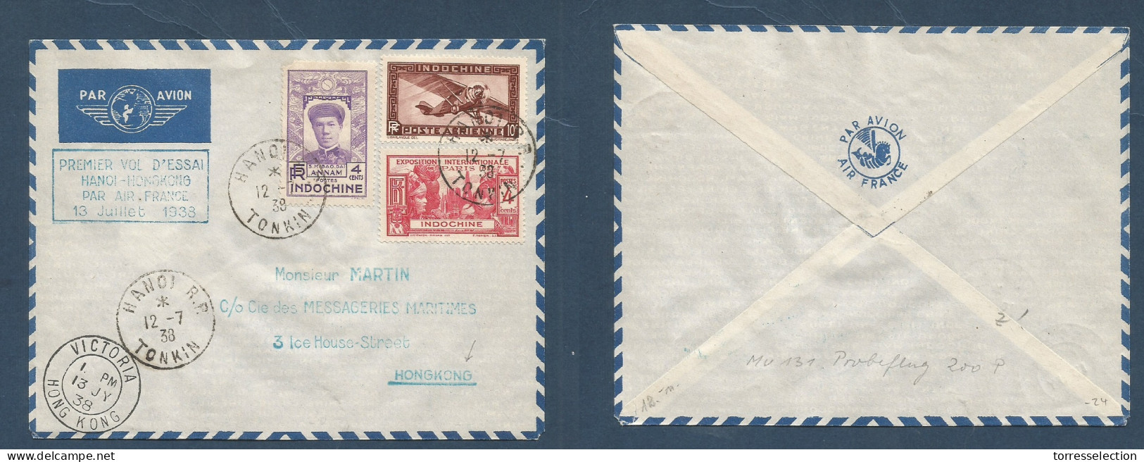 INDOCHINA. 1938 (12 July) First Flight HANOI - Hong Kong (13 July) Special Cachet. Multifkd Env. Fine Usage. XSALE. - Autres - Asie