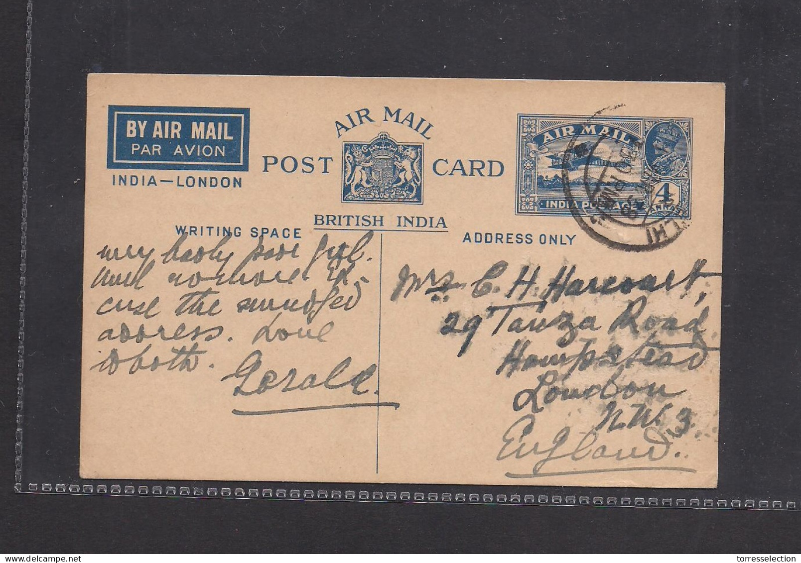 INDIA. 1938 (1 March) Delhi - UK, Hampstead 4a Blue Air Stationery Card. Fine Used. XSALE. - Andere & Zonder Classificatie