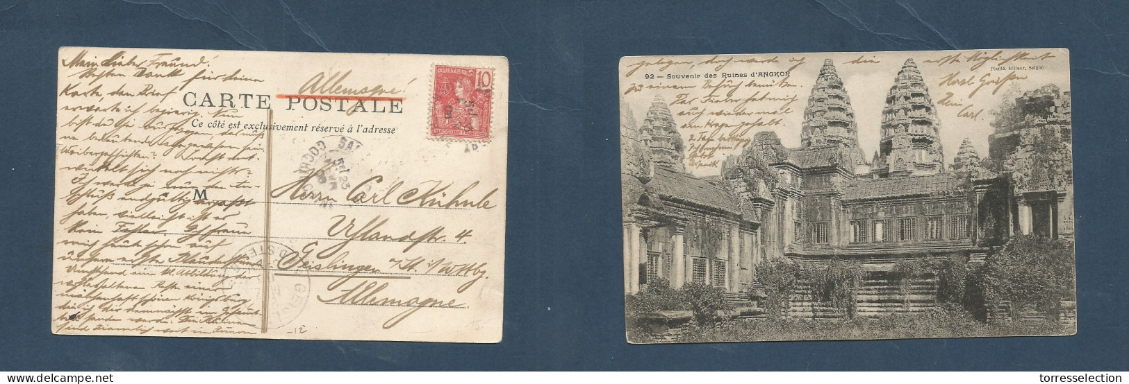 INDOCHINA. 1905 (23 Febr) Saigon - Germany, Geislingen (28 March) 10c Fkd Ppc. Ancrents Temple. XSALE. - Asia (Other)