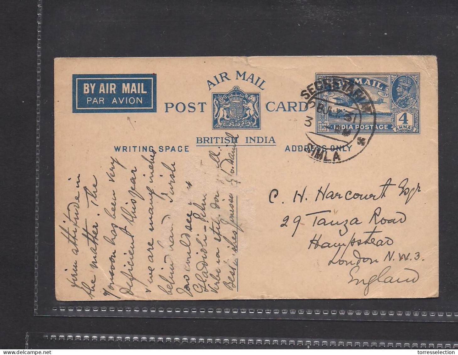 INDIA. 1931 (28 July) Simla - UK, Hampstead. 4a Blue Air Stationary Card. Fine. XSALE. - Other & Unclassified