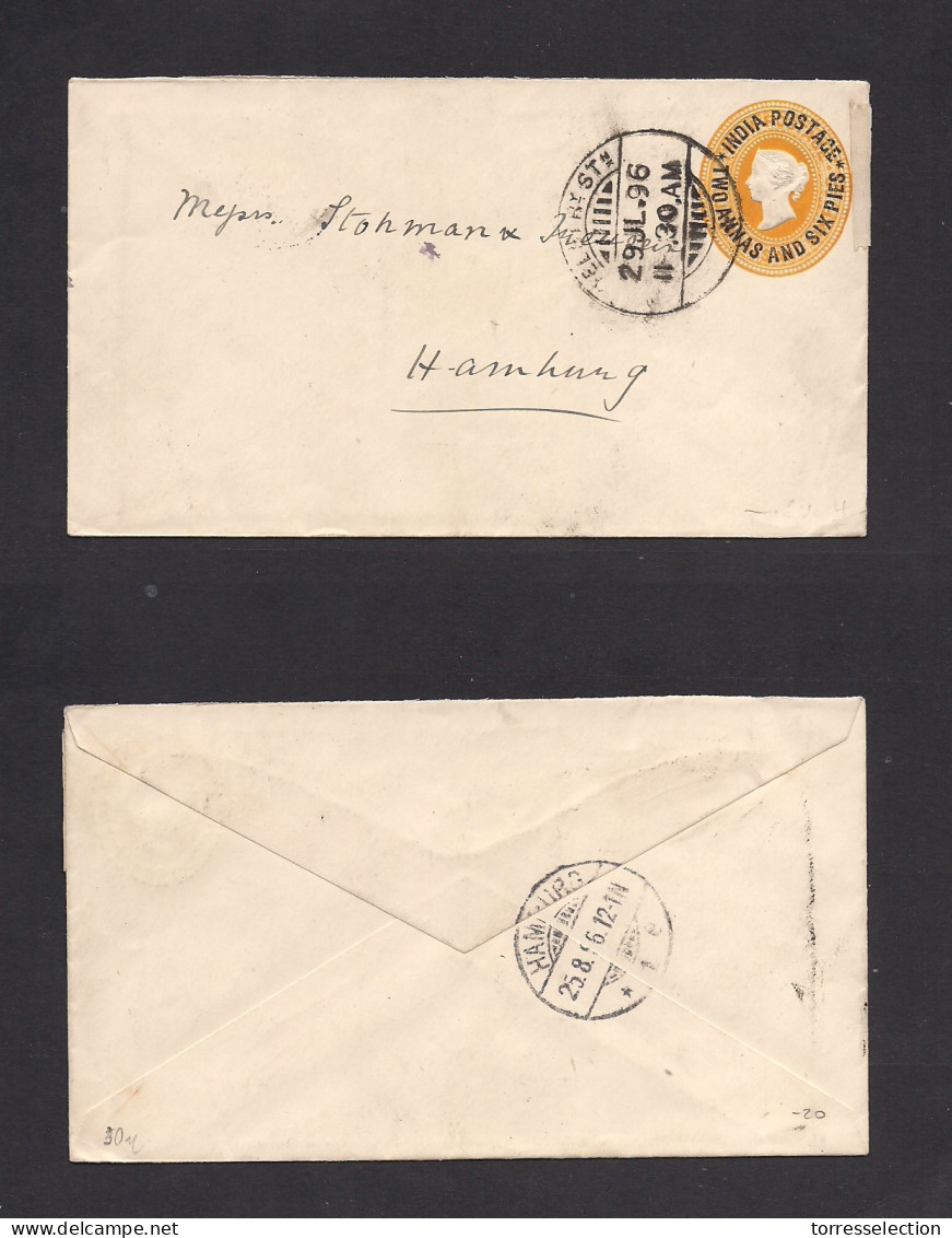 INDIA. 1896 (29 July) Ovptd 2a6p Orange QV Stat Env To Hamburg, Germany (25 Aug). Fine. XSALE. - Other & Unclassified