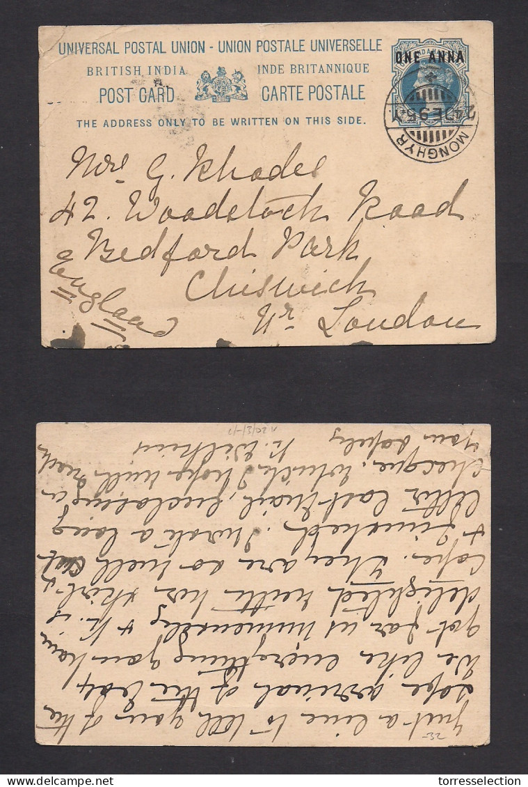 INDIA. 1895 (24 Dec) Monghyr - London, UK. One Anna Ovptd Stat Card. XSALE. - Sonstige & Ohne Zuordnung