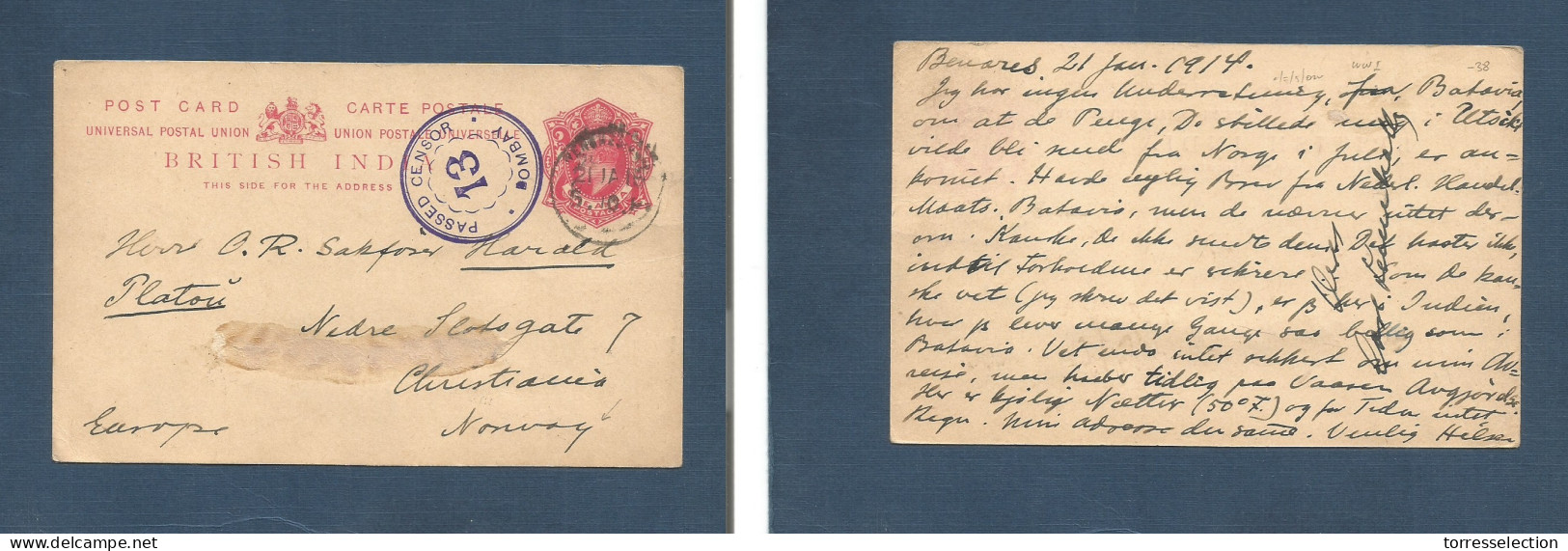 INDIA. 1914 (21 Jan) WWI. Benares - Norway, Christiania 1a Red Stat Card, Censored Rarity Destination Usage. XSALE. - Other & Unclassified